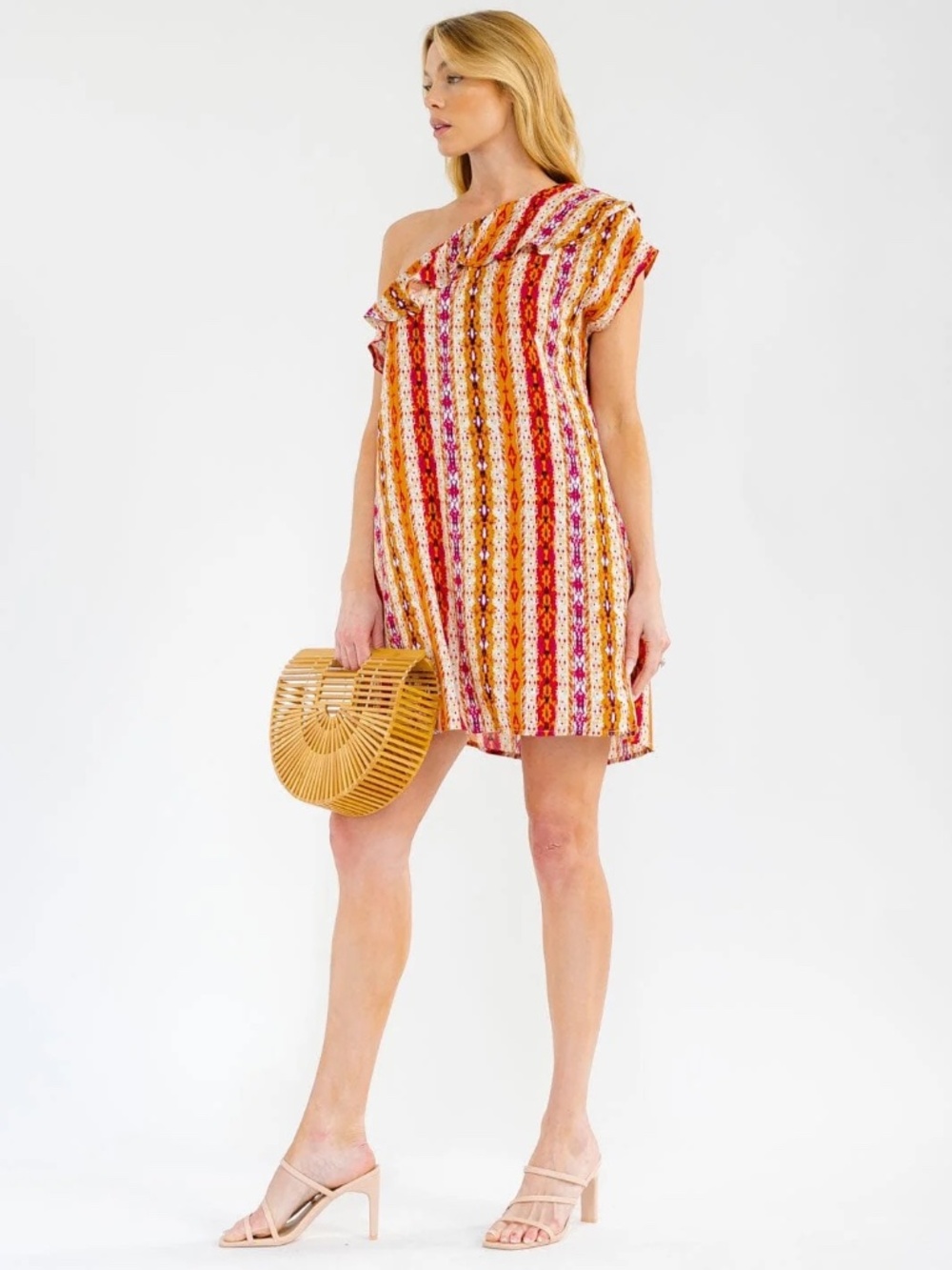 "Savanna Jane" Women's One Shoulder Ruffle Multi Print Mini Dress